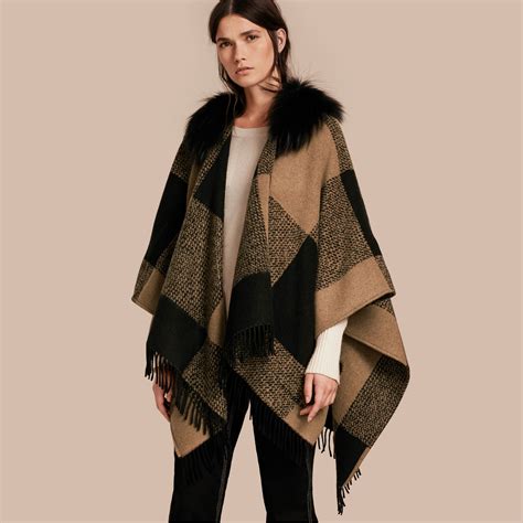 burberry smoked check poncho|Burberry fur trimmed poncho.